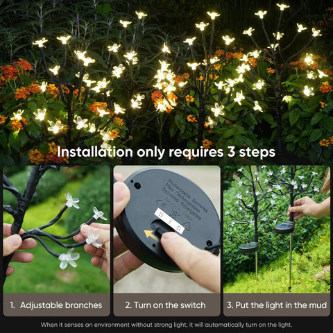 Pink Solar Flower Lights 48 LED Outdoor Garden Stakes 4 Pack IP65 Waterproof installation steps and garden lighting ambiance