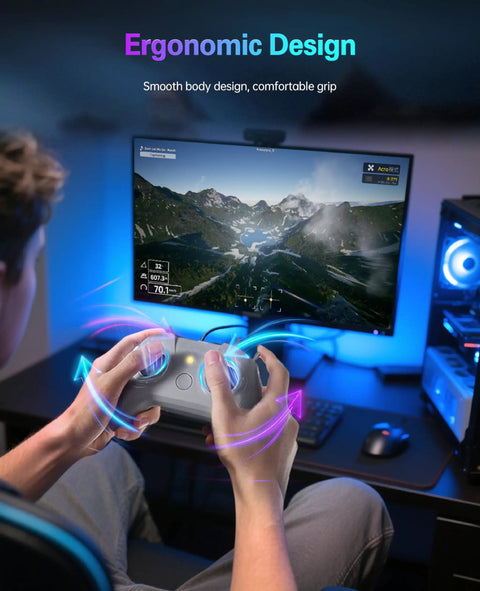 User holding Beginner Drone Simulator Controller With USB C Cable And OTG Adapter for iPhone and Android, FPV practice tool in ergonomic design.