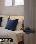 Heavy Duty Entry Lever Door Handle And Deadbolt Lock Set For Front Door Or Office Reversible Round Lever With Single Cylinder Keyed Entry Fits Right Or Left Sided Doors Iron Black Finish installed on bedroom door.