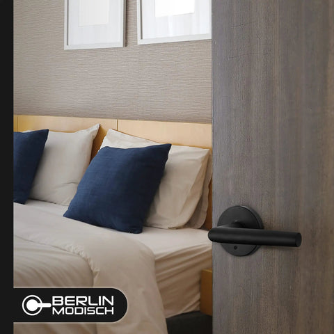 Heavy Duty Entry Lever Door Handle And Deadbolt Lock Set For Front Door Or Office Reversible Round Lever With Single Cylinder Keyed Entry Fits Right Or Left Sided Doors Iron Black Finish installed on bedroom door.