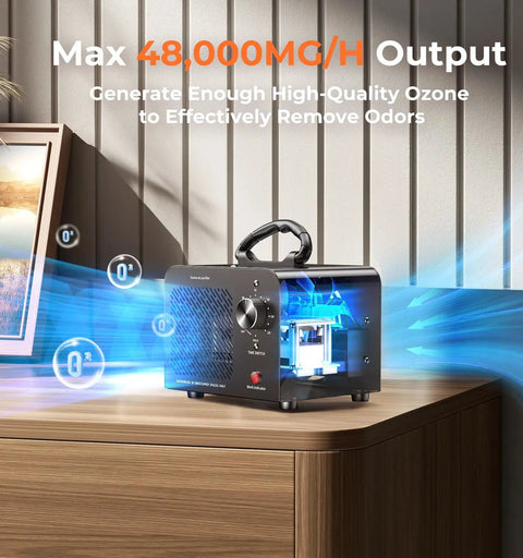Beast High Capacity Ozone Machine Odor Remover for Home Car Office and Industrial Use, 48000mg O3 ionizer on wooden table