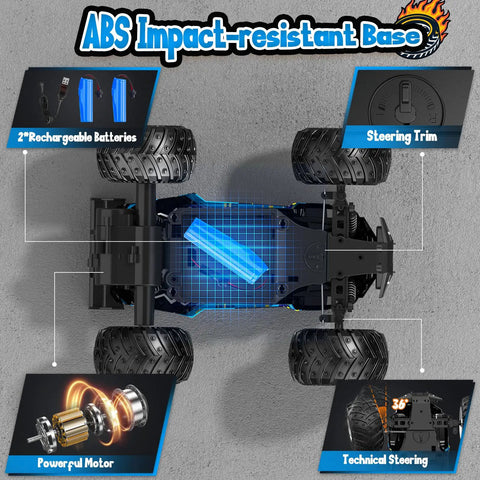 All Terrain Remote Control Monster Truck For Boys 2.4GHz RC Car With LED Body Lights Dual Rechargeable Batteries underside view