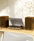 Bookshelf Studio Monitor Speakers 36W RMS Active Bluetooth 5.4 Wireless USB Audio For Turntable PC displayed on a wooden table