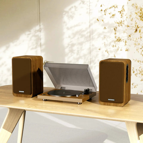 Bookshelf Studio Monitor Speakers 36W RMS Active Bluetooth 5.4 Wireless USB Audio For Turntable PC displayed on a wooden table