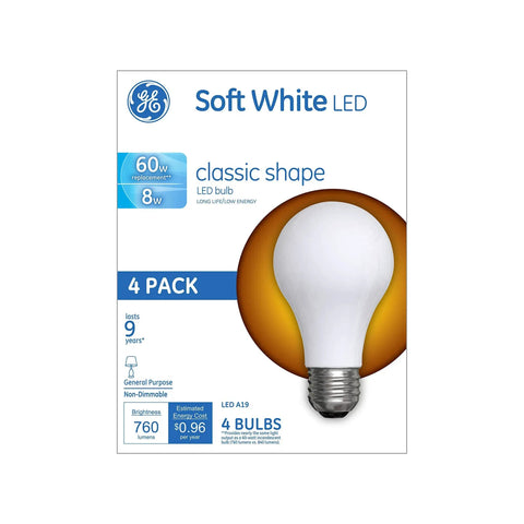 Box of 60W Equivalent LED Light Bulbs A19 Soft White 2700K Non Dimmable 800 Lumens 8W Replacement 4 Pack With E26 Base