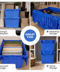 14 Gallon Industrial Plastic Tote Hinged Flip Lid Boss Level Storage Bin Pack Of 6 Heavy Duty Rugged Containers Built Like A Tank perfect for workshop and home storage.