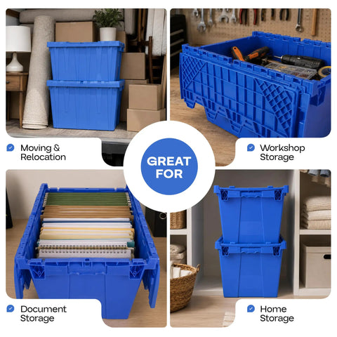 14 Gallon Industrial Plastic Tote Hinged Flip Lid Boss Level Storage Bin Pack Of 6 Heavy Duty Rugged Containers Built Like A Tank perfect for workshop and home storage.