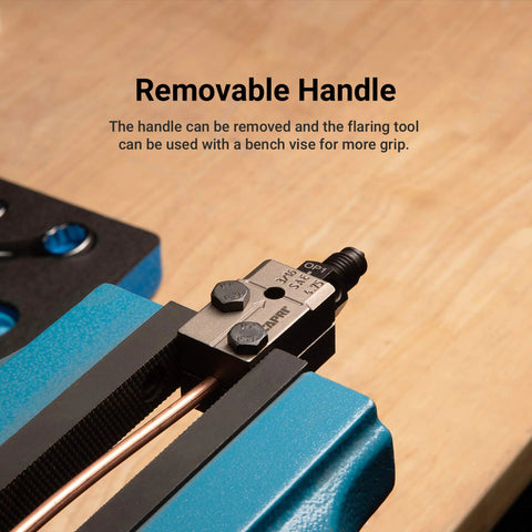 Capri Tools 3/16 in double flaring tool installed in a blue bench vise with copper tubing