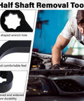 Pry Bar Wrench Adapter Head For Half Inch Drive, Horn Type Half Shaft Removal Tool with plum-shaped wrench hole in use.