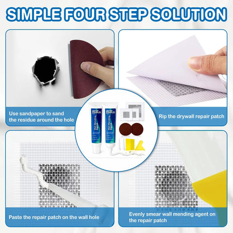 Two 4.23 Oz Fast Dry Putty Tubes Drywall Repair Kit With 2x2 Inch And 4x4 Inch Patch Mesh Dual Scrapers And Two Sandpapers Quick Dry Spackle For DIY Friendly Walls Ceilings And Plaster Crack Repair with step-by-step use.