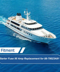 Luxury yacht on ocean showcasing Starter Fuse 90 Amp Replacement For MerCruiser Marine Engines, Direct Fit, Plug And Play.