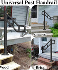 Next Level Black Metal Single Post Handrail For Outdoor Steps on wood, concrete, and brick surfaces, sturdy and versatile design.