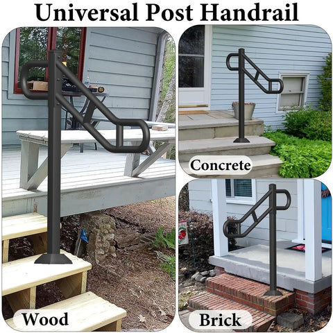 Next Level Black Metal Single Post Handrail For Outdoor Steps on wood, concrete, and brick surfaces, sturdy and versatile design.