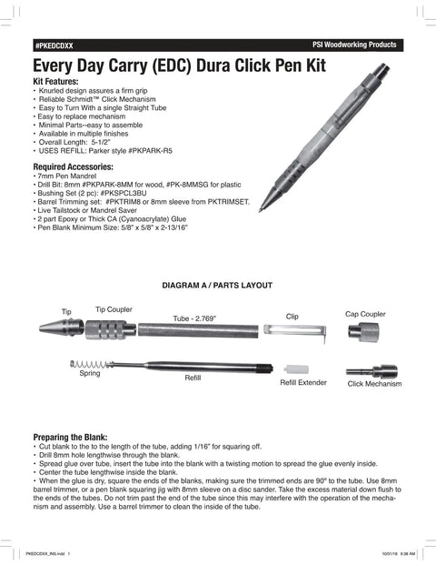 Instruction sheet for Set Of 5 DuraClick EDC Ballpoint Pen Woodturning Kits with Hardware and Bushing Included.