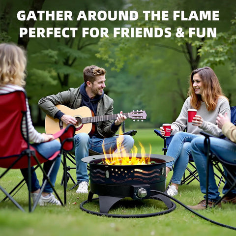 Group enjoying 24 Inch Portable Propane Fire Pit With Grill, 60,000 BTU Smokeless Outdoor Gas Firepit With Lava Rocks, Adjustable Flame