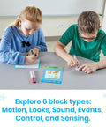 Students using Scratch Block Based Coding Kit for classroom unplugged coding activities in a STEM project for ages 8 to 12.