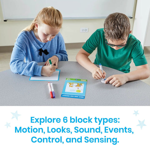 Students using Scratch Block Based Coding Kit for classroom unplugged coding activities in a STEM project for ages 8 to 12.