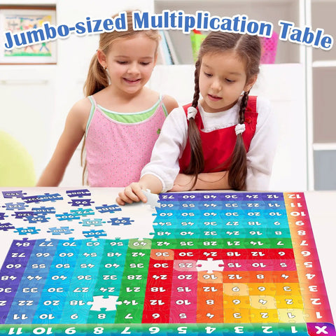 Children playing with Multiplication Chart Puzzle 21x21 Inch Math Game Table for Kids Ages 7 and Up, Kid-Friendly Learning Toy.