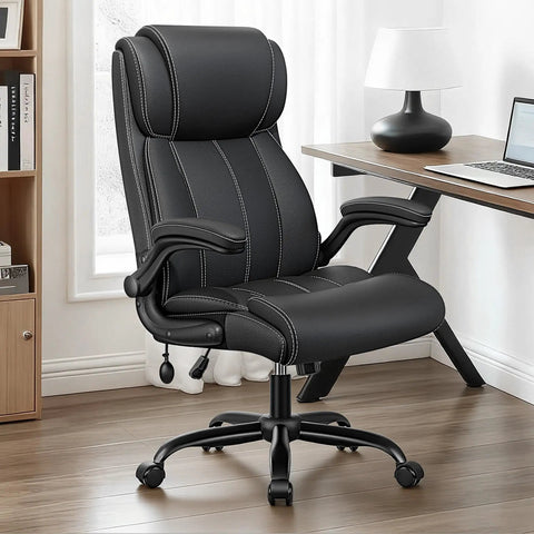Ergonomic Office Chair For Home Or Office With Adjustable Lumbar Support Leather High Back Executive Style Flip Up Arms Rocking Mechanism All Day Comfort Black Finish