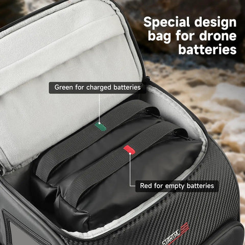 40L Outdoor Drone Backpack With DIY One Piece Partition Ultra Roomy Space showing battery storage compartment.