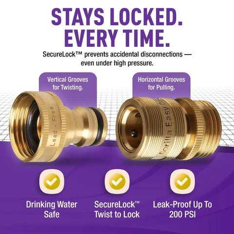 Easy Connect Low Lead Locking Garden Hose Quick Connect Fittings 3/4 Inch GHT Solid Brass Leak Proof Up To 200 PSI details