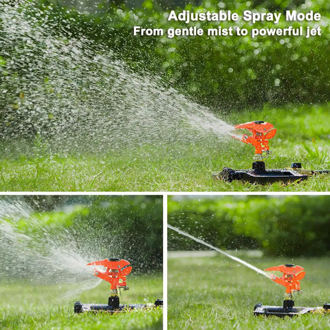 Heavy Duty Pulsating Impact Sprinkler for Yard on lawn, showing 360 degree rotating spray with all metal base, adjustable coverage
