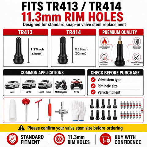 31Pcs Quick Change Tire Valve Core Tool Kit No Tire Removal Needed Replacement Fast And Easy For Cars Trucks SUVs ATVs Fits 11.3mm Rim Holes TR413 TR414