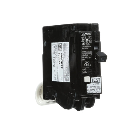 15 Amp GFCI Ground Fault Circuit Interrupter, Single Pole 120V Breaker With 10,000 AIC, Self-Test UL 943, side view