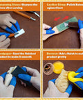 All In One Wood Carving Set For Beginners 32 Piece Toolkit showing knife sharpening, polishing, sanding, and applying beeswax