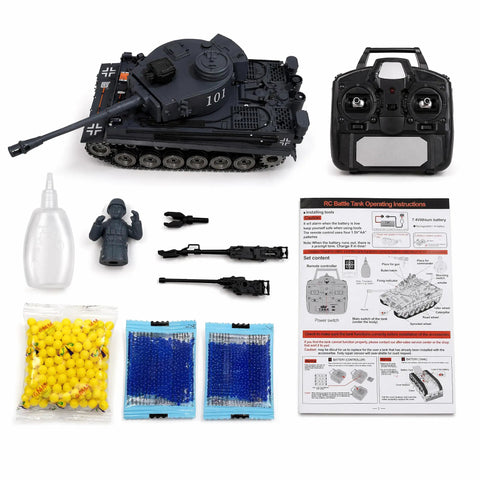 1:18 Tiger RC Tank With Metal Tracks That Shoot BB Pellets And Water Bombs, 45-Degree Climb, 2.4GHz Remote Control set