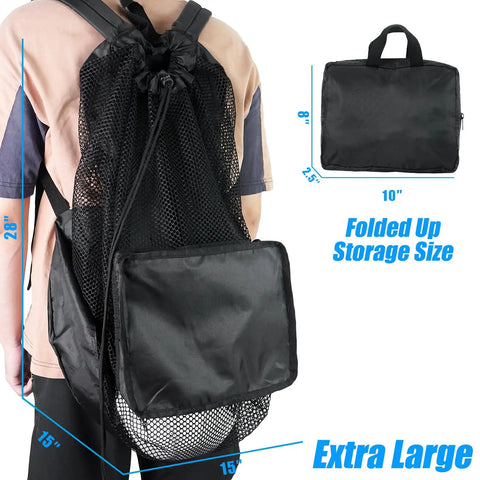 Person carrying Extra Large Mesh Dive Bag For Scuba Gear And Water Sports, Oversized Foldable Backpack Duffle with front zipper pocket