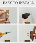 Installation steps for Rock-Solid Natural Walnut Wood 4 Pack Wall-Mounted Coat Hooks, showing marking, drilling, and mounting.