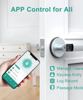 Smart Door Knob With App Control And Biometric Fingerprint Access Supports Up To 100 Fingerprints For Keyless Entry And Emergency Backup Keys Silver Finish For Interior Doors shown with smartphone app control interface.