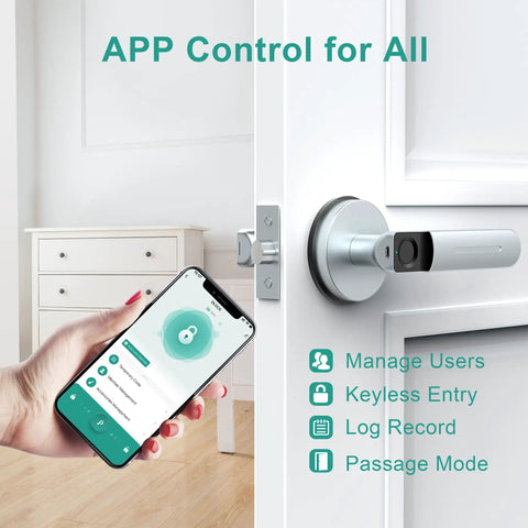 Smart Door Knob With App Control And Biometric Fingerprint Access Supports Up To 100 Fingerprints For Keyless Entry And Emergency Backup Keys Silver Finish For Interior Doors shown with smartphone app control interface.
