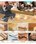 Top Shelf Woodworking Router Bit Packing Razor Sharp Carbide Inserts For Lightning Fast Spoilboard Surfacing And Crisp Slab Flattening With A Sturdy One Half Inch Shank, with various wood types.
