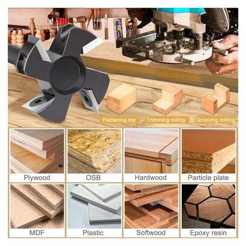 Top Shelf Woodworking Router Bit Packing Razor Sharp Carbide Inserts For Lightning Fast Spoilboard Surfacing And Crisp Slab Flattening With A Sturdy One Half Inch Shank, with various wood types.