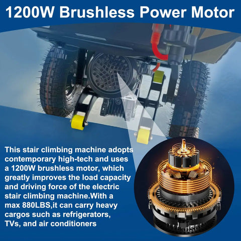 1200W brushless motor of Heavy Duty Electric Stair Climbing Hand Truck 1200W Power With 880Lb Capacity Folding Cart.