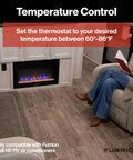 Living area with fireplace, woman sitting, temperature set with Chill HE RV Thermostat Single Zone Wall Control With Backlit LCD