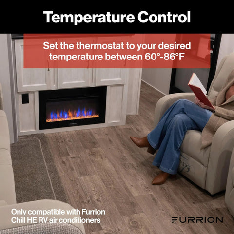 Living area with fireplace, woman sitting, temperature set with Chill HE RV Thermostat Single Zone Wall Control With Backlit LCD