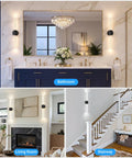 Black Battery Operated Wall Sconces Set of 2 Peel and Stick on, 20.9" displayed in bathroom, living room, and stairway settings.