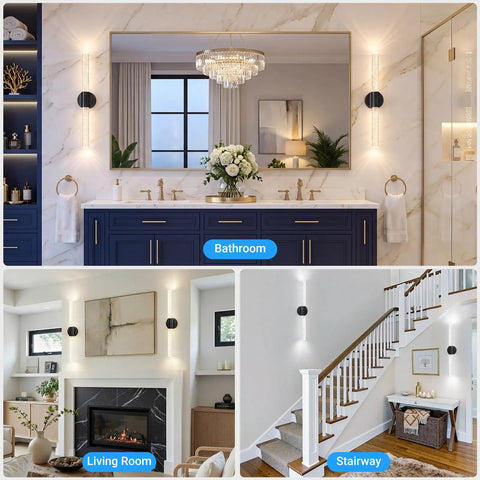 Black Battery Operated Wall Sconces Set of 2 Peel and Stick on, 20.9" displayed in bathroom, living room, and stairway settings.