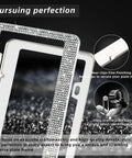 Two Pack White Bling License Plate Frames Sparkly Diamond Car Plate Holder overlay with detail shots and text.