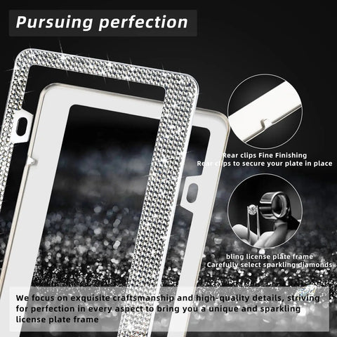 Two Pack White Bling License Plate Frames Sparkly Diamond Car Plate Holder overlay with detail shots and text.