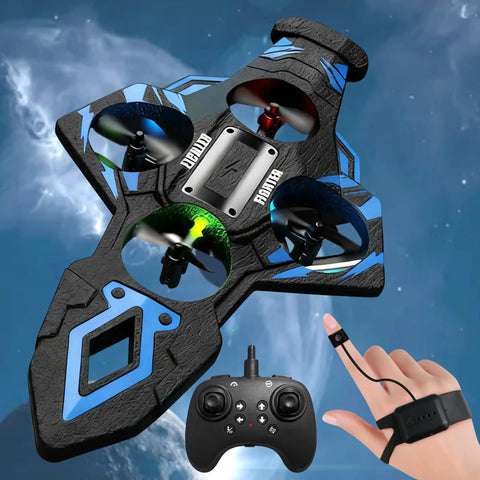 Flying Sword RC Airplane Gesture Control Drone with remote and tactile controller for kids and adults, black and blue design.