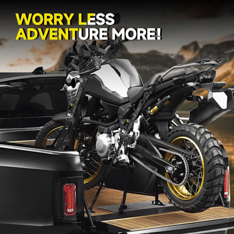 Motorcycle secured with 4 Piece Ratchet Strap Tie Down Kit With Beefy Padded Handles Coated S Hooks And Safety Clips In Truck