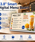 Built Tough Commercial Menu Board With Split Screen Display And Scratch Resistant Glass For Diners Retail Shops And Drive Thrus Featuring A Multicolor Setup displaying drinks.