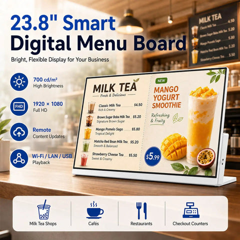 Premium Desktop Digital Menu Board With Smooth Plug And Play Usb Hdmi Link Vivid Multicolor Panel For Fast Ready To Go Setup and Clean Layouts on a wooden counter.