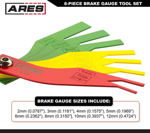 8 Piece Metal Brake Gauge Tool Set for Sheet Metal, 20 Gauge, color coded high visibility finish, showing SAE and metric sizes