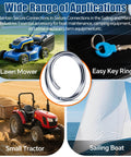 Wide range of applications for 70 Piece Stainless Steel Cotter Ring Kit With Five Sizes For Marine Use, featuring lawn mower, key ring, tractor, sailboat.