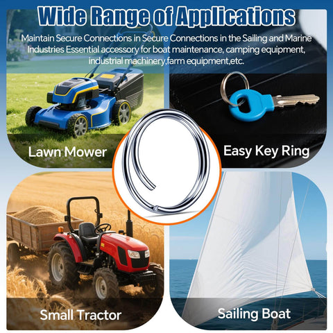 Wide range of applications for 70 Piece Stainless Steel Cotter Ring Kit With Five Sizes For Marine Use, featuring lawn mower, key ring, tractor, sailboat.